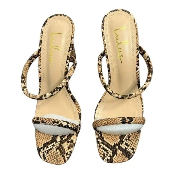 Lulus Xenya Tan Multi Snake Print Square Toe High Heel Sandals 7.5 NIB - Picture 4 of 11